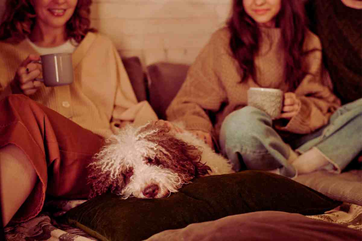 mamma e figlia sul divano con il cane ed una tisana